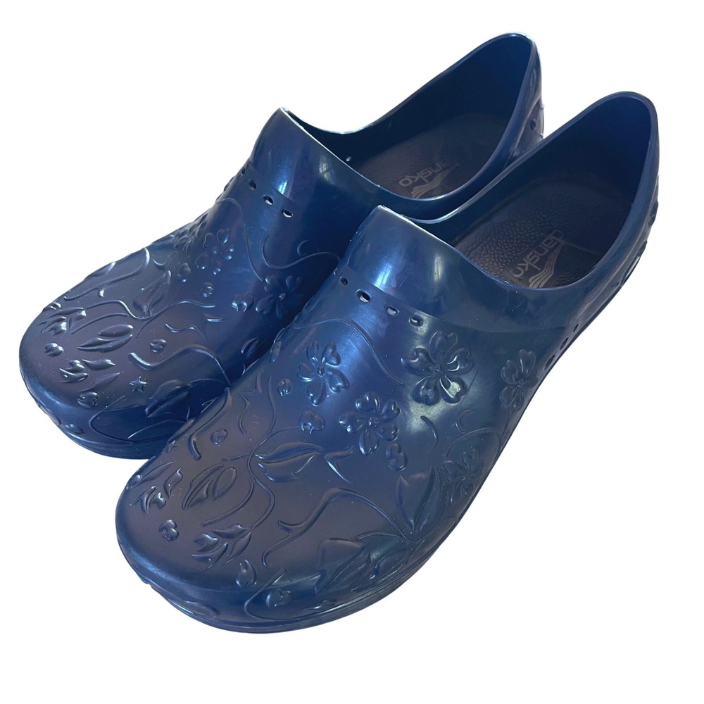 Dansko Professional Clogs Women 40 Navy Blue Floral Embossed Slip Resistant Work